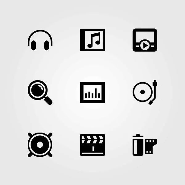 Conjunto de iconos vectoriales multimedia. lupa, disco compacto y rollo de película — Vector de stock