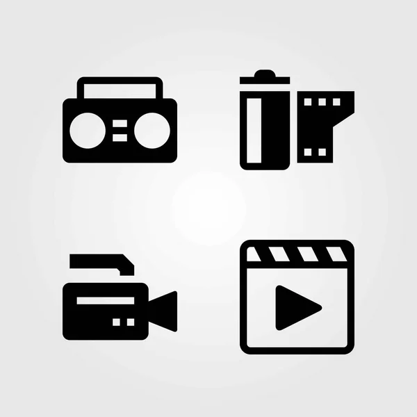Ensemble d'icônes vectorielles technologiques. rouleau de film, caméra vidéo et boombox — Image vectorielle