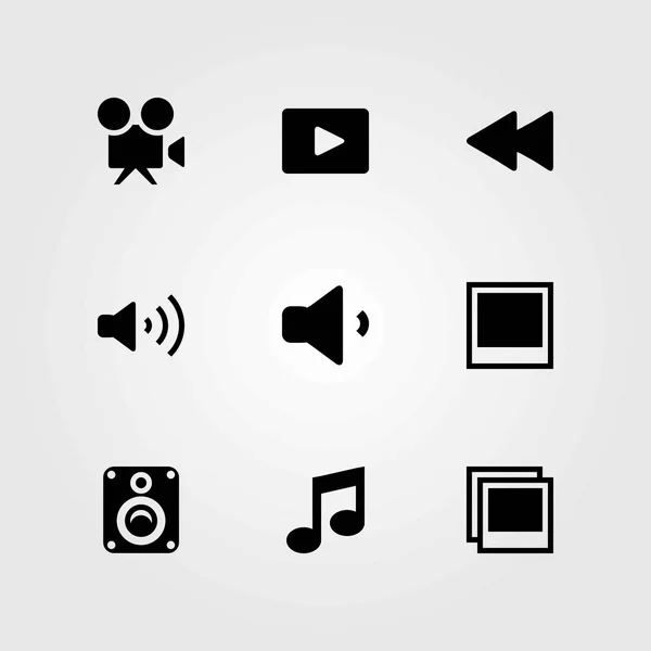Multimedia vector icons set. video camera, musical note and volume — Stock Vector