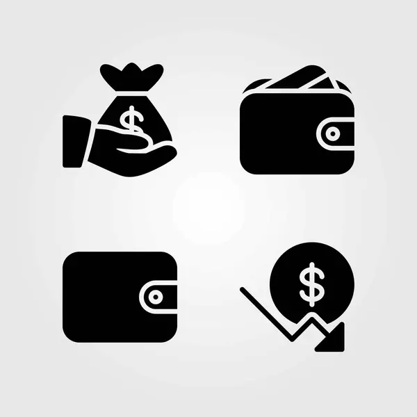 货币矢量图标设置。美元, 钱袋和钱包 — 图库矢量图片