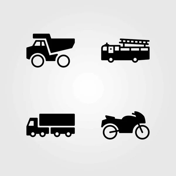 Conjunto de iconos vectoriales de transporte. volquete, moto deportiva y camión de bomberos — Vector de stock