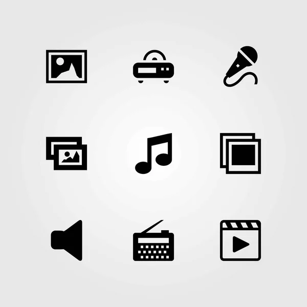 Conjunto de iconos vectoriales multimedia. altavoz, nota musical y micrófono — Vector de stock