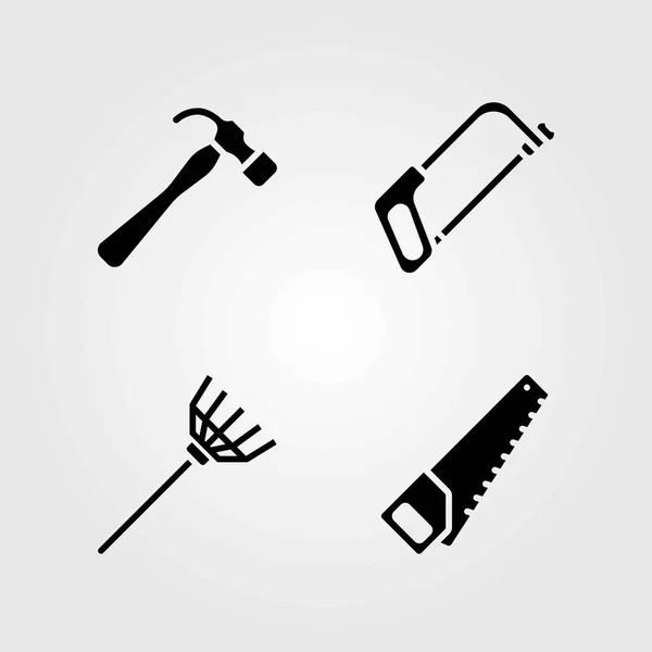 Ensemble d'icônes vectorielles de jardin. râteau, scie à main et marteau — Image vectorielle