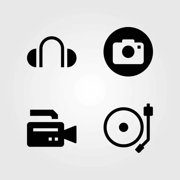 Multimedia vector icons set. platenspeler, video camera en hoofdtelefoon — Stockvector