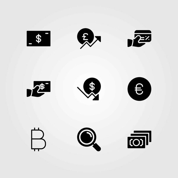 Money vector icons set. loupe, euro and dollar