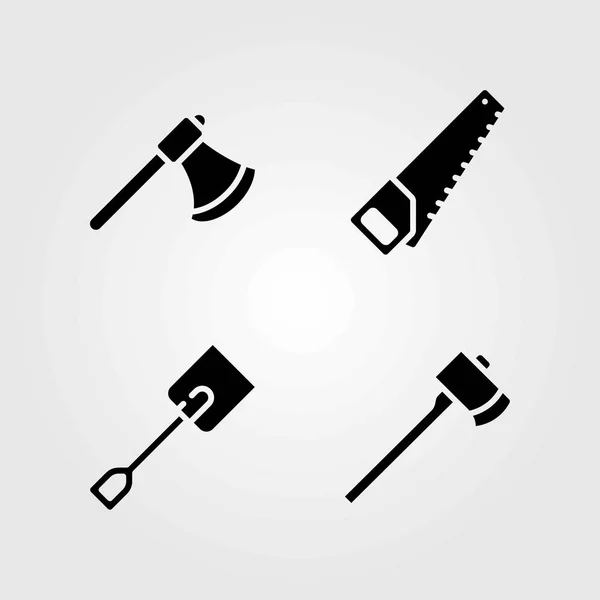 Garden vector icons set. handsaw, axe and spade — Stock Vector