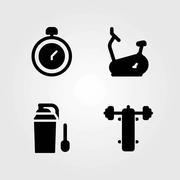 Fitness vektorové ikony nastavit. kolo, chronometr a rotoped — Stockový vektor