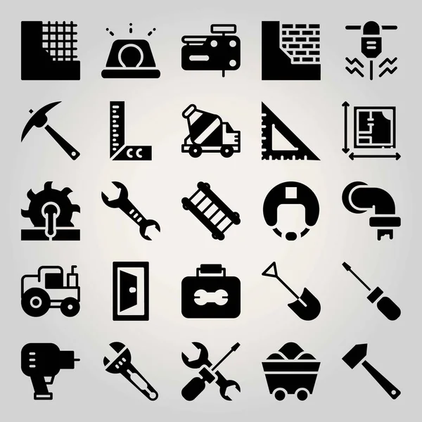 Construction vector icon set. hammer, door, concrete mixer and driller — Stock Vector