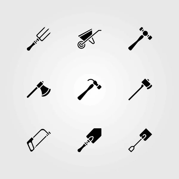Jardín iconos vectoriales conjunto. carretilla, martillo y hacha — Vector de stock