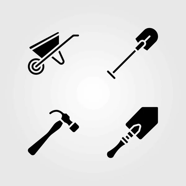 Набор векторных значков сада. тачка, лопата и молоток — стоковый вектор