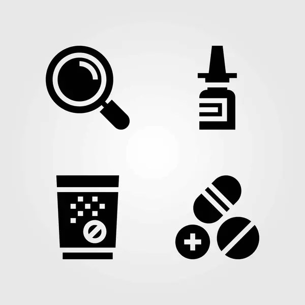 Medizinische Vektorsymbole gesetzt. Tabletten, Nasenspray und Lupe — Stockvektor