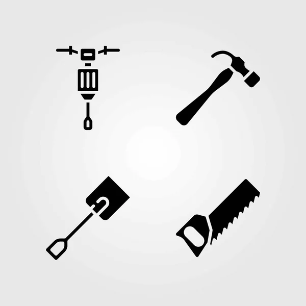 Verktyg vector ikoner set. hammare, spade och jackhammer — Stock vektor