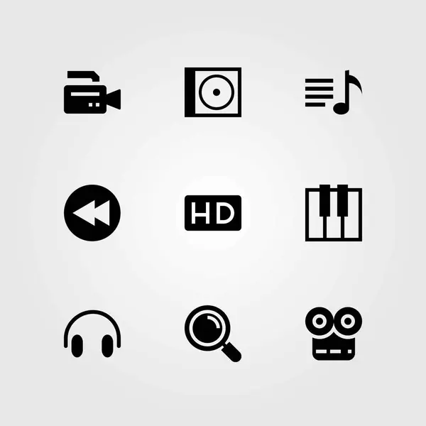 Conjunto de iconos vectoriales multimedia. hd, lista de reproducción y lupa — Vector de stock