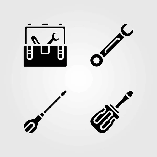 Hulpmiddelen vector icons set. Spanner, gereedschapskist en schroevendraaier — Stockvector