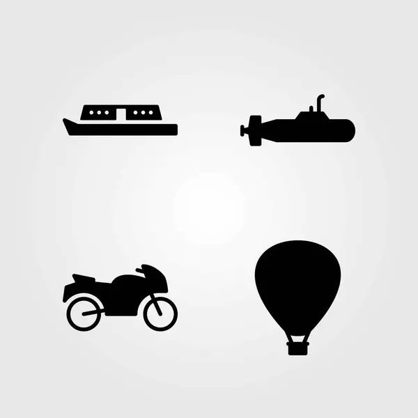 Icone vettoriali di trasporto impostate. barca, moto e sottomarino — Vettoriale Stock