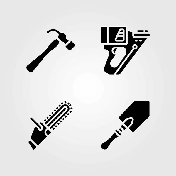 Werkzeuge Vektorsymbole gesetzt. Kettensäge, Nagelpistole und Schaufel — Stockvektor
