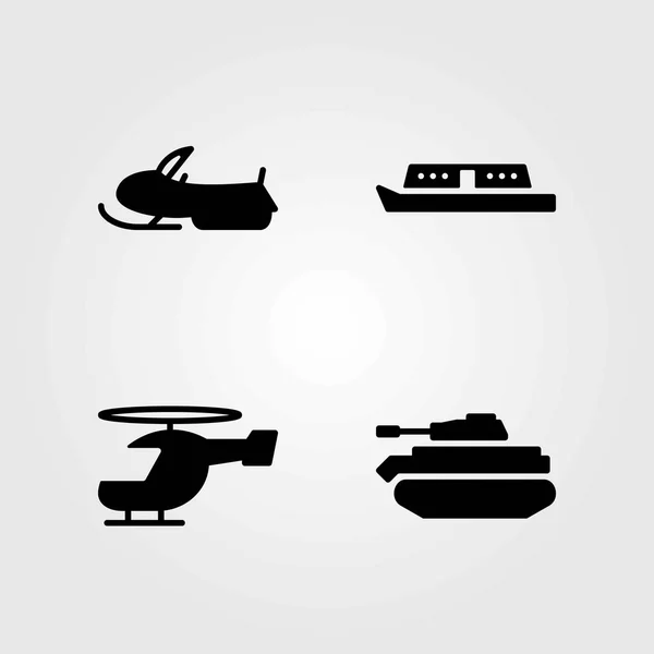 Набор значков транспортного вектора. танк, лодка и снегоход — стоковый вектор