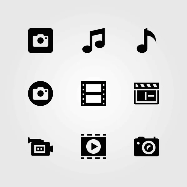 Conjunto de iconos vectoriales multimedia. rollo de película, cámara fotográfica y cámara de vídeo — Vector de stock