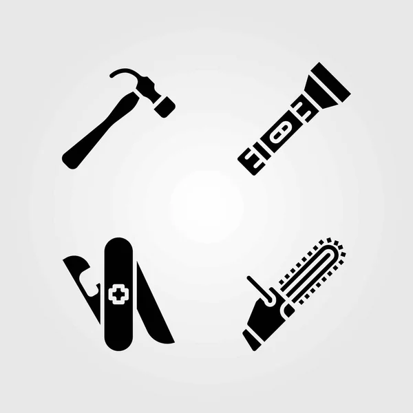 Tools vector icons set. torch, hammer and chainsaw — Stock Vector