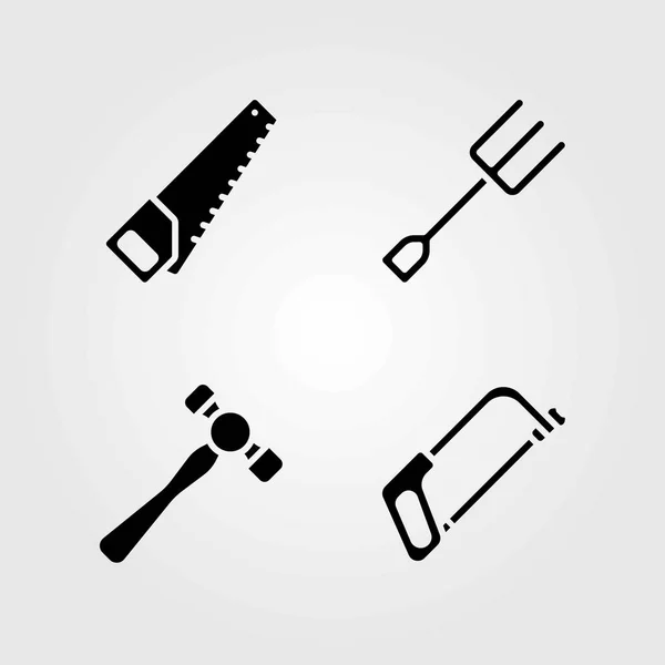 Garden vector icons set. handsaw, fork and hammer — Stock Vector