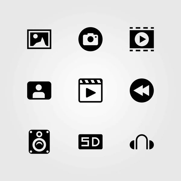 Set di icone vettoriali multimediali. macchina fotografica, lettore di film e altoparlante — Vettoriale Stock