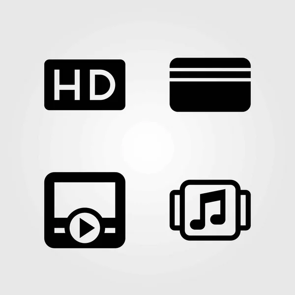 Conjunto de iconos vectoriales tecnológicos. hd, reproductor de música y tarjeta de crédito — Vector de stock