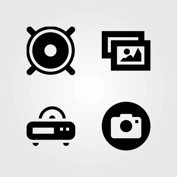 Conjunto de iconos vectoriales multimedia. cámara fotográfica, radio y altavoz — Vector de stock