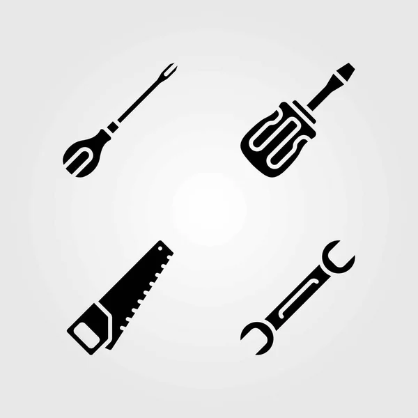 Tools vector icons set. screwdriver, spanner and handsaw — Stock Vector