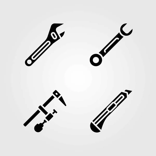 Werkzeuge Vektorsymbole gesetzt. Fräser, Klemme und Stellschlüssel — Stockvektor
