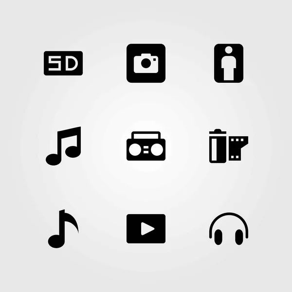 Conjunto de iconos vectoriales multimedia. cámara fotográfica, auriculares y boombox — Vector de stock