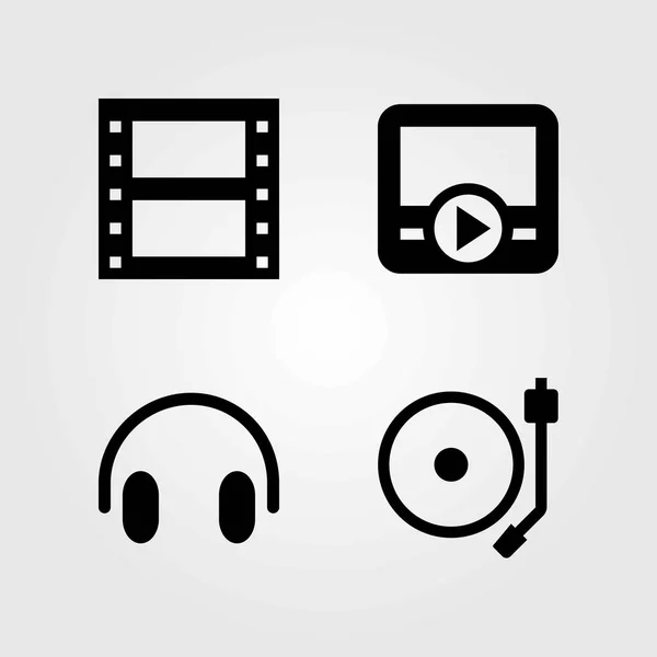 Conjunto de iconos vectoriales multimedia. reproductor de películas, auriculares y rollo de película — Vector de stock