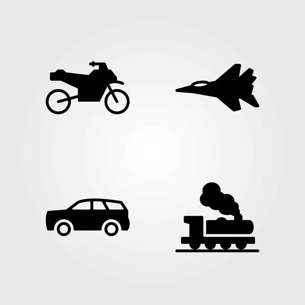 Conjunto de iconos vectoriales de transporte. tren, jet y motocicleta — Vector de stock