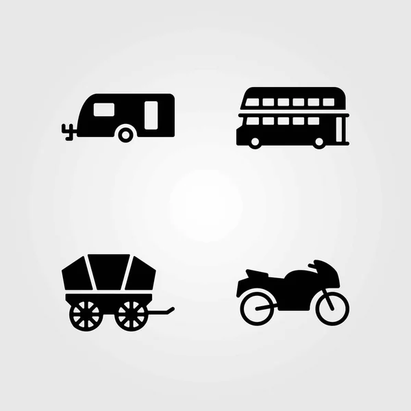 Набір транспортних векторних піктограм. мотоцикл, спортивний велосипед і двоповерховий автобус — стоковий вектор