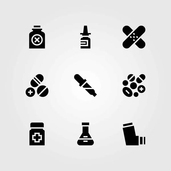 Zdravotní vektorové ikony nastavit. baňky, pipety a lékařství — Stockový vektor