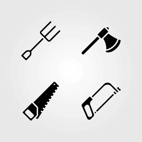 Garden vector icons set. axe, handsaw and fork — Stock Vector