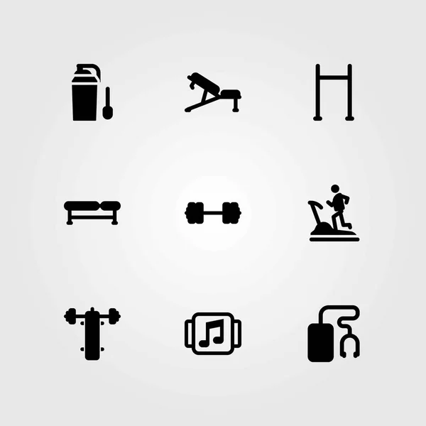 Fitness vector icons set. bench press, treadmill and pull up bar — Stock Vector