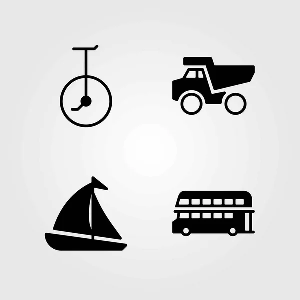 Transport wektor zestaw ikon. Autobus piętrowy, unicycle i żaglówkę — Wektor stockowy