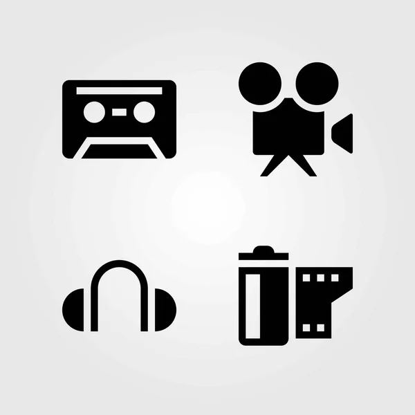 Multimedia vector icons set. videocamera, cassette en koptelefoon — Stockvector