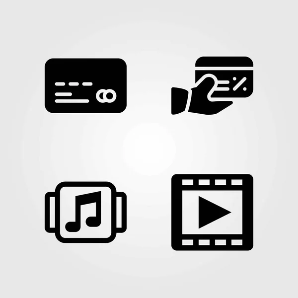 Conjunto de iconos vectoriales tecnológicos. tarjeta de crédito, reproductor de películas y reproductor de música — Vector de stock