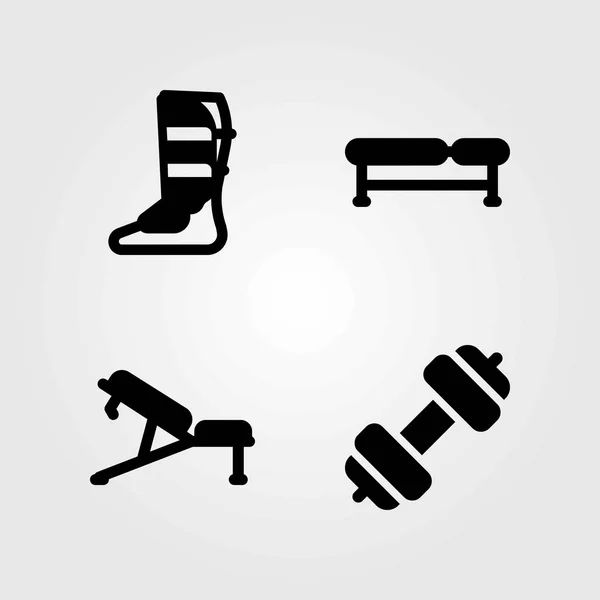 Fitness vector icons set. dumbbell, bench and shinpad — Stock Vector