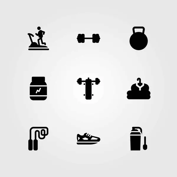 Fitness vector icons set. treadmill, skipping and cloth — Stock Vector