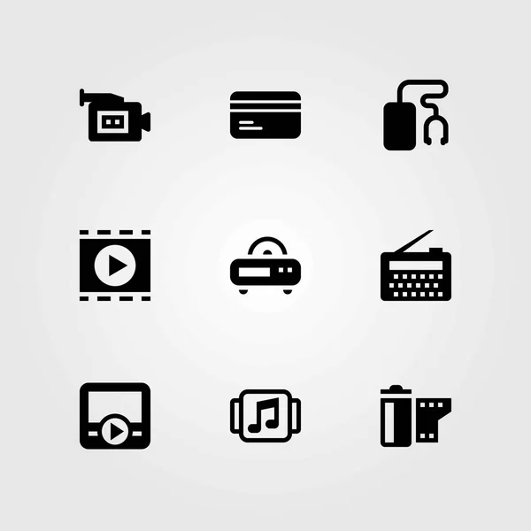 Ensemble d'icônes vectorielles technologiques. carte de crédit, radio et caméra vidéo — Image vectorielle