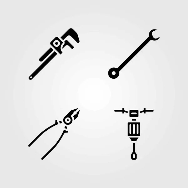 Tools vector icons set. jackhammer, spanner and pipe wrench — Stock Vector