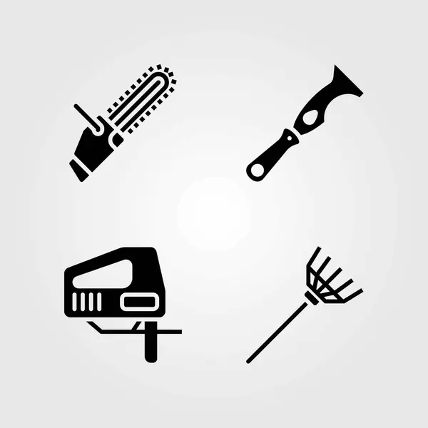 Набор векторных значков инструментов. бензопила, скребок и грабли — стоковый вектор