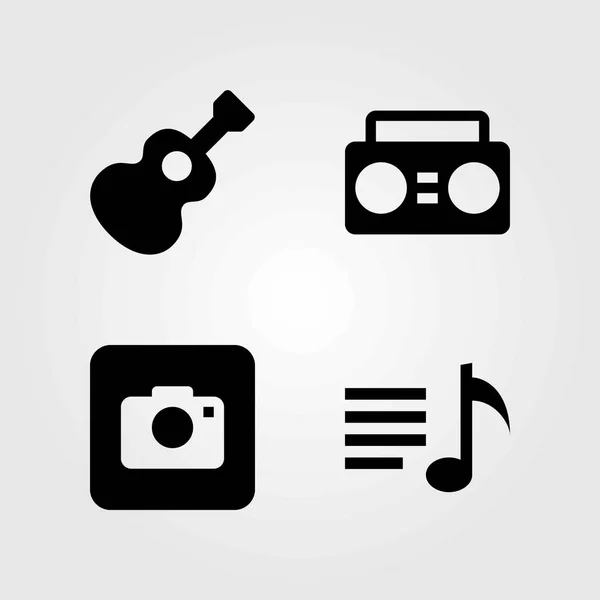 Multimediální vektorové ikony nastavit. boombox, kytara a Fotografie fotoaparát — Stockový vektor