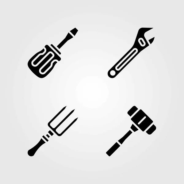 Tools vector icons set. fork, screwdriver and adjustable spanner — Stock Vector