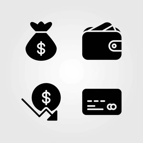 Peníze vektorové ikony set. kreditní karta, dolar a pytel — Stockový vektor