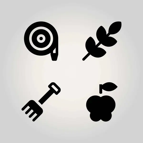 Landwirtschaftsvektorsymbole gesetzt. Harke, Apfel, Weizen und Schlauch — Stockvektor