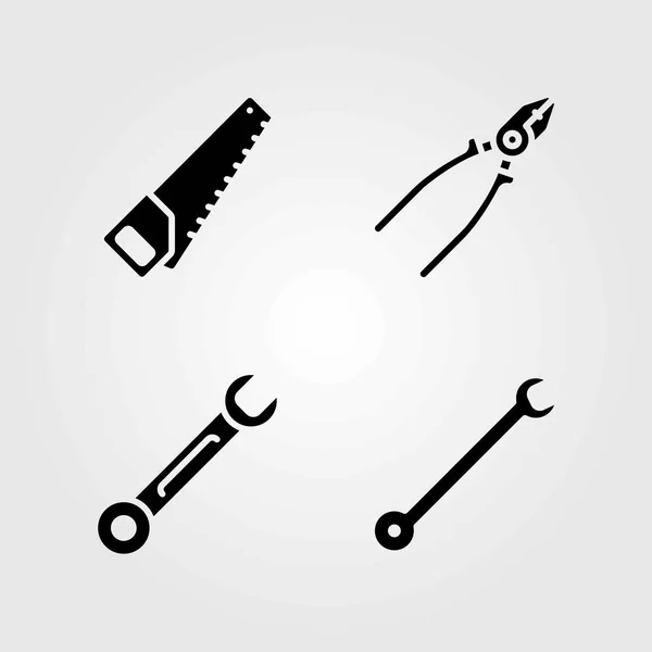 Hulpmiddelen vector icons set. Spanner, Tang en handzaag — Stockvector