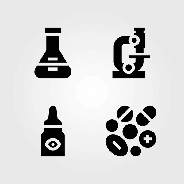 Conjunto de iconos vectoriales médicos. frasco, microscopio y gotas para los ojos — Vector de stock